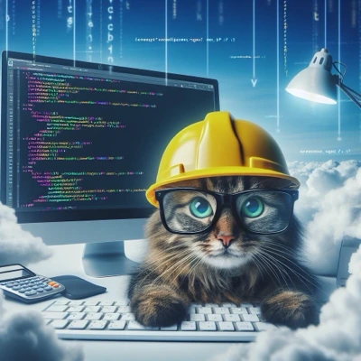 An image of a cute cat wearing a hard hat, using a computer, on top of clouds created with Copilot